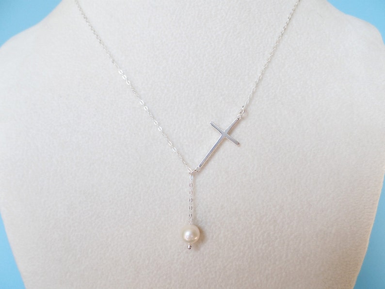 Cross necklace,pearl necklace,STERLING SILVER Cross Necklace,bridesmaids gift,Sterling Silver Lariat necklace image 4
