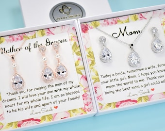 Conjunto de joyas de regalo para la madre de la novia, conjunto de joyas de collar y pendientes con forma de lágrima de circonita para la madre del novio
