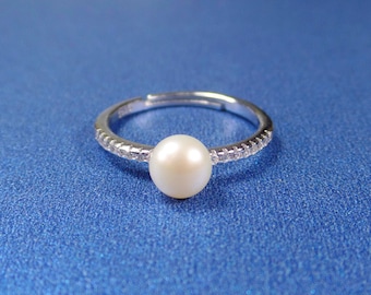 Freshwater Pearl Ring: Sterling Silver, CZ Accents, Adjustable