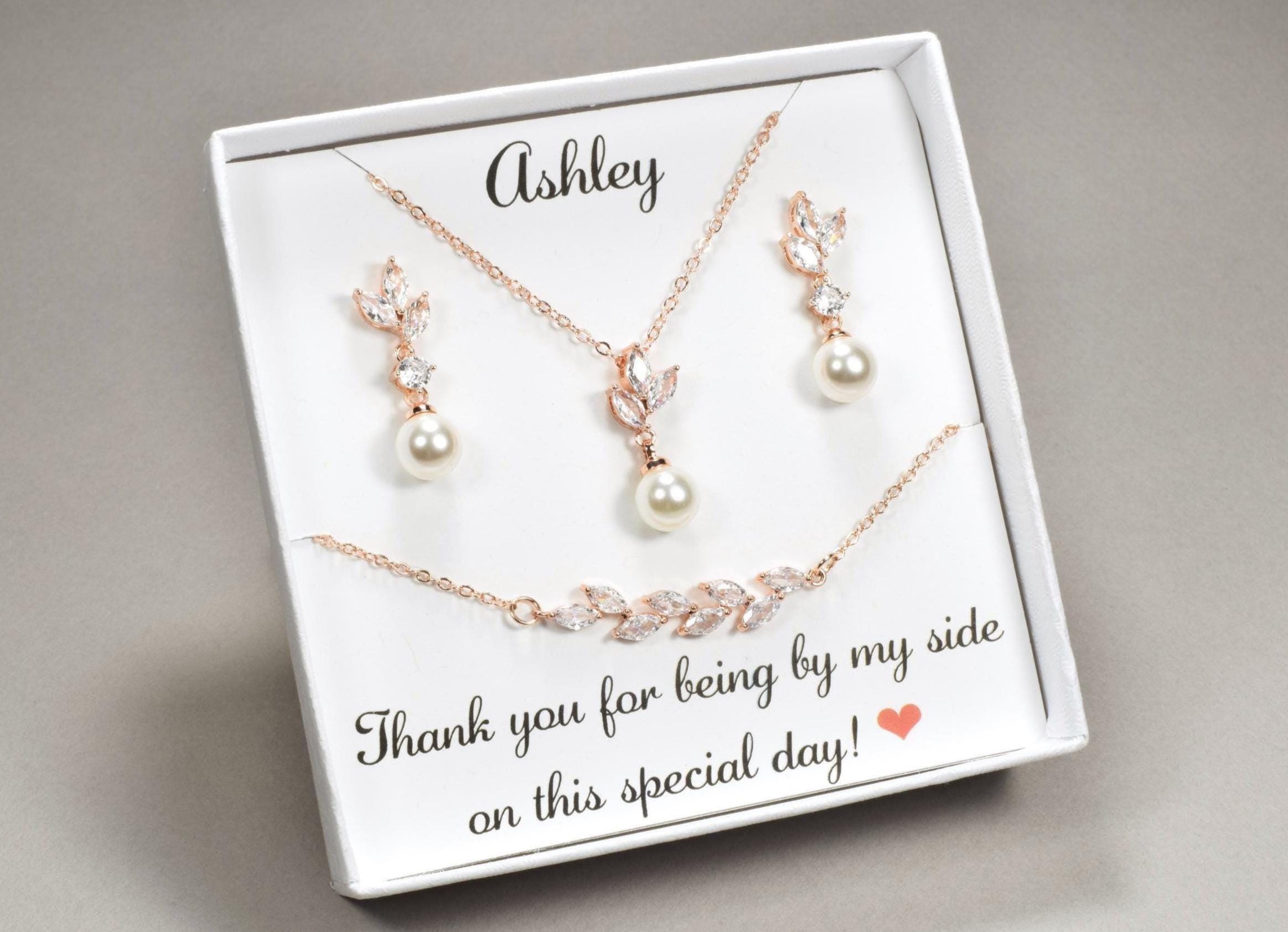 Personalized Bridesmaid jewelry set Bridesmaid Gifts Pearl Earrings bridesmaid proposal pearl necklace Bridesmaid Jewelry, CZ leaf bracelet