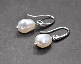 Christmas gift, dangle pearl earrings, baroque white pearl earrings, grey pearl earrings,925 sterling silver earrings, drop pearl earrings
