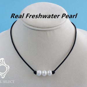 Leather pearl necklace,pearl leather necklace,freshwater pearl necklace,three pearl necklace,8-9mm triple pearl necklace