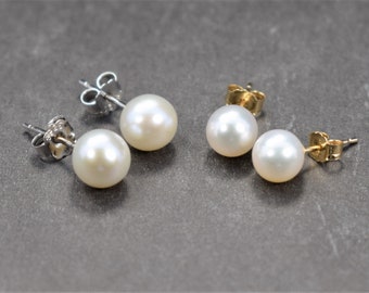 14K gold pearl stud earrings,Freshwater Pearl Earrings, Christmas gift 925 sterling silver genuine pearl earring studs, pearl stud earrings