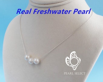 Collar de perlas flotante, regalo de dama de honor, collar de dama de honor, collar de tres perlas, perla de agua dulce, regalo de bodas, plata de ley, caja de regalo