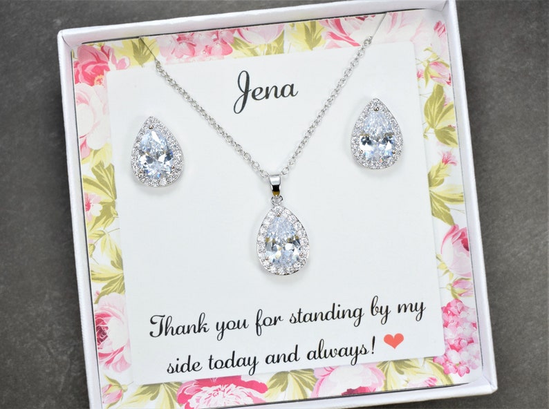 Bridesmaid gift, cubic zirconia pear drop earrings and necklace white gold, bridesmaid jewelry