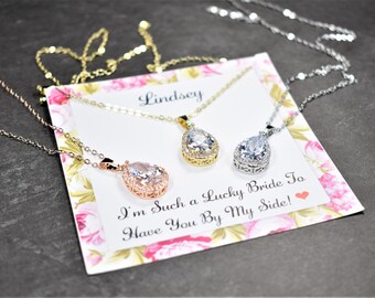 Collar de dama de honor personalizado: circonita cúbica, chapado en oro rosa