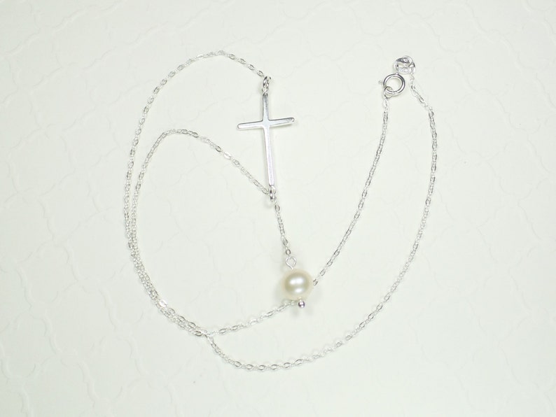 Cross necklace,pearl necklace,STERLING SILVER Cross Necklace,bridesmaids gift,Sterling Silver Lariat necklace image 5