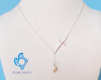 Cross necklace,pearl necklace,STERLING SILVER Cross Necklace,bridesmaids gift,Sterling Silver Lariat necklace