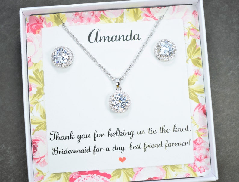 Bridesmaid cubic zirconia round earrings and necklace white gold, Bridesmaid jewelry, Bridesmaid gift