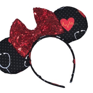 Black medical Heartbeat Nurse EMT Doctor Magical Mouse Ears | (puffy ears) choose: bow color & headband, hat or piggy tail clips or ties