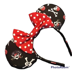 Pirate and Skulls Magical Mouse Ears | (puffy ears) choose: bow color & headband, hat or piggy tail clips or ties