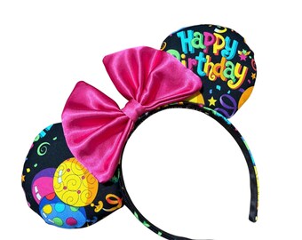 HAPPY BIRTHDAY Balloons  celebration Magical Mouse Ears with choice of bow or NO bow