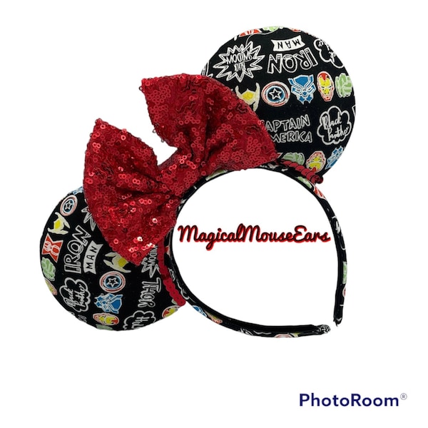 Marvel Avengers Superhero HULK SPIDERMAN icons Magical Mouse Ears || Choice: bow color & headband, baseball hat or piggy tail clips or ties