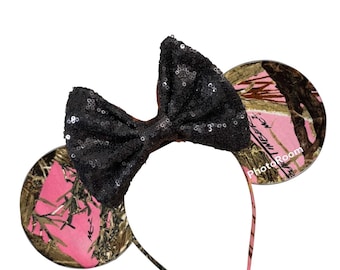 Pink Camo Leaves Camouflage Magical Mouse Ears | Choice of Bow Color or NO bow