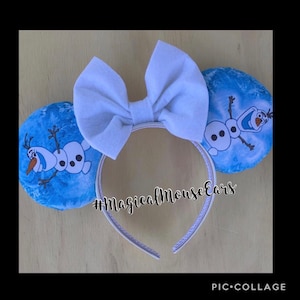 Olaf Frozen snowman Magical Mouse Ears | (puffy ears) choose: bow color & headband, hat or piggy tail clips or ties