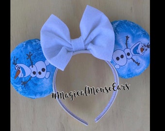 Olaf Frozen snowman Magical Mouse Ears | (puffy ears) choose: bow color & headband, hat or piggy tail clips or ties