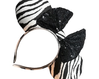 ZEBRA animal print Magical Mouse Ears | (puffy ears) choose: bow color & headband, hat or piggy tail clips