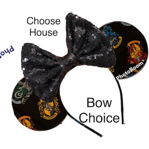 May include: Black sequin bow headband with a black and gold fabric headband featuring the Hogwarts house crests. Choose House. Bow Choice.