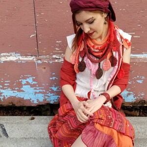 Red pink white, 90 percent acrylic 10 wool, crochet knitted scarf, handmade nature inspired melange fashion ladies scarf, boho