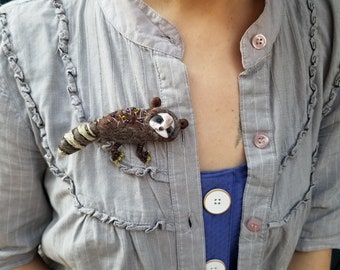 Raccoon cute handmade brooch, felted pin brooch magical animal, wool and polymer clay, wild spirit Toronto