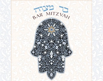 May include: A black and blue Hamsa hand with intricate floral designs and a gold Star of David. The text "Bar Mitzvah" is written in Hebrew at the top of the image. The name "Ariel Michael Solomon" is written in Hebrew and English below the Hamsa hand. The date "January 28, 2017 - 1 Shevat 5777" and the text "Parashot Vaera" are written below the name.