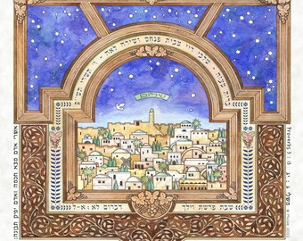 May include: A watercolor illustration of a cityscape with a blue sky and stars. The city is surrounded by a wooden frame with vines and grapes. The text "Happy is the one that finds wisdom and the one that gains understanding" is at the bottom of the image. The text "SHELBY RAE MELAMED - BRIT MITZVAH - OCTOBER 5 2019" is below the text. The text "SHABBAT PARASHAT VAYELECH - DEUTERONOMY 31:1-30" is below the text. The text "וילך משה וידבר את-כל ישראל: ויומר אלהם בן-מאה ועשרים שנה אנכי היום לא אוכל עוד לצאת ולבוא ויהוה אמר אלי לא תעבר אמר אלי לא תעבר את-הירדן הזה:" is at the bottom of the image.
