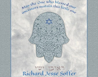 May include: A blue and white Hamsa hand with a Star of David in the center. The text reads "May the One who blessed our ancestors sustain this little one" and "ראובן ישי Richard Jesse Soffer March 12, 2021 - 28 Adar 5781 3:02 am - 23 Inches - 6 lb - 9 oz Named in memory of his great uncle Richard Howard Melnikoff".