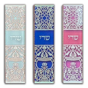 Peel & Stick Small Mezuzah Case with Paper Scroll, No Nails – Kiddush Cup, Opal, Blue or Pink