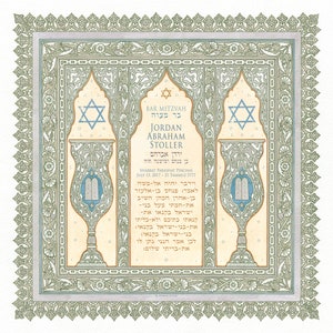 May include: An illustrated Bar Mitzvah certificate with a detailed border and central design in green, blue, and beige. The text includes the name "Jordan Abraham Stoller" and the date "July 15, 2017". Features two Star of David symbols.
