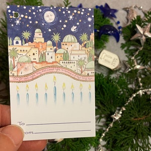 Hanukkah Gift Tags set di 10 Happy Chanukah to-from etichette decorative menorah dreidel candele Festival of Light holiday hang tag con nastro