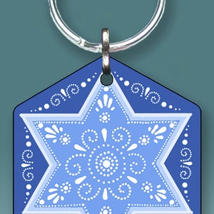 Jewish Key chain Blue Star of David Travelers Prayer Good Luck Amulet Gift Keyring Luggage Tag Purse charm Backpack Gift (~1.5&quot; x 1.5&quot;)