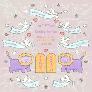 Gepersonaliseerde Joodse Baby Gift Meisje Naamgeving Ceremonie Pasgeboren Simchat Vleermuis Certificaat Aangepaste Hebreeuwse Naam Peuter Nieuwe Baby Kinderen Naam Aandenken