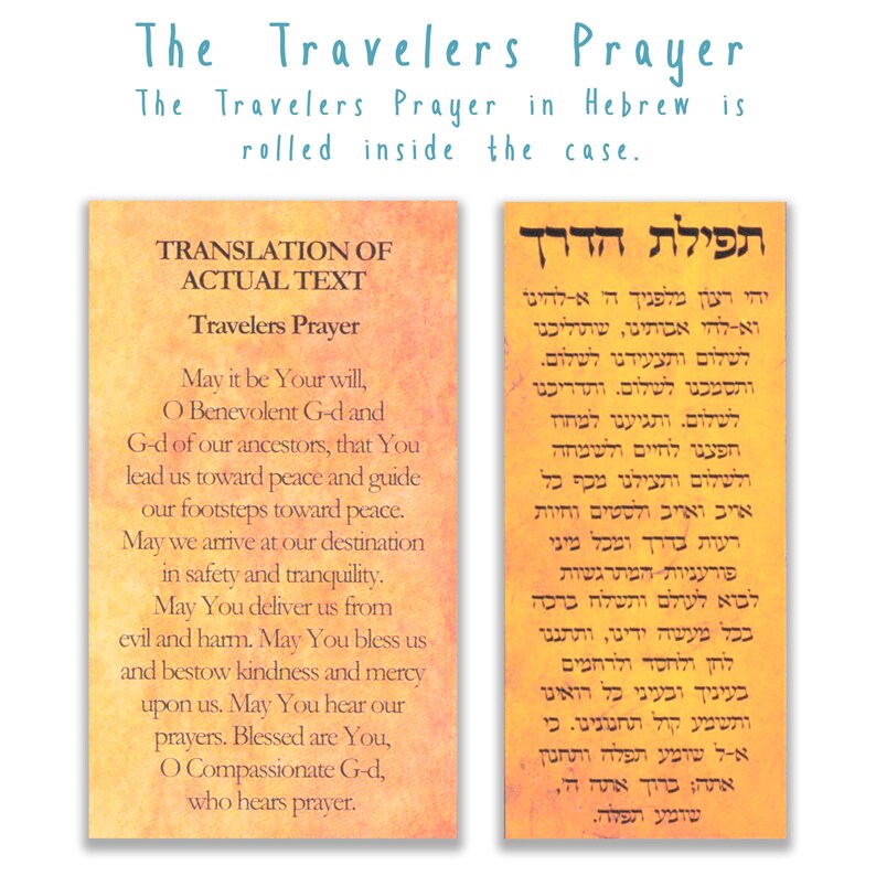 Peut inclure: Une carte jaune et orange avec le texte "The Travelers Prayer" en bleu. La carte comporte une pri&egrave;re h&eacute;bra&iuml;que d'un c&ocirc;t&eacute; et une traduction anglaise de l'autre. Le texte sur la carte se lit comme suit : "Que ce soit votre volont&eacute;, &Ocirc; Dieu bienveillant et Dieu de nos anc&ecirc;tres, que vous nous conduisiez vers la paix et que vous guidiez nos pas vers la paix. Que nous arrivions &agrave; notre destination en s&eacute;curit&eacute; et en tranquillit&eacute;. Que vous nous d&eacute;livriez du mal et du danger. Que vous nous b&eacute;nissiez et que vous nous accordiez la bont&eacute; et la mis&eacute;ricorde. Que vous entendiez nos pri&egrave;res. B&eacute;ni sois-tu, &Ocirc; Dieu compatissant, qui entend la pri&egrave;re."