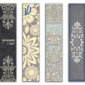 May include: Four rectangular mezuzah cases with distinct designs. The first is black with silver scrollwork and Hebrew text. The second is cream with floral patterns and a blue symbol. The third is light green with a goblet and Hebrew text. The fourth is blue with a silver floral motif and a Star of David.