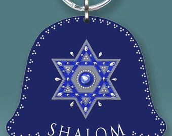 May include: A blue Hamsa hand keychain with a silver Star of David and the word "SHALOM" in white lettering.