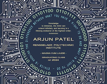 Peut inclure: Un design circulaire bleu et blanc avec un motif de circuit imprimé. Le texte "BETWEEN WHAT YOU HAVE A RIGHT TO DO AND WHAT IS KNOWING THE DIFFERENCE" est écrit en cercle autour du centre. Le texte "ARJUN PATEL" est écrit au centre du cercle. Le texte "RENSSELAER POLYTECHNIC INSTITUTE" est écrit sous le nom. Le texte "MAGNA CUM LAUDE" est écrit sous le nom de l'institut. Le texte "GRADUATING CLASS OF 2024" est écrit sous le texte magna cum laude. Le texte "ETHICS IS KNOWING THE DIFFERENCE BETWEEN WHAT YOU HAVE A RIGHT TO DO AND WHAT IS RIGHT TO DO 01110111 00100000 01110111 01101100" est écrit en cercle autour du centre.