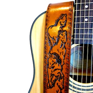 Wild Horse Leather Guitar Strap - Tooled Western Electric or Acoustic Guitar Strap for Men or Women - Guitar Player Gift for Him or Her