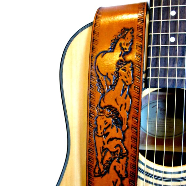 Wild Horse Leather Guitar Strap - Tooled Western Electric or Acoustic Guitar Strap for Men or Women - Guitar Player Gift for Him or Her