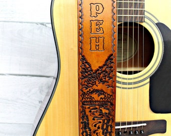 River in the Mountain Leather Guitar Strap, Hand Tooled Woods, Pond, and Moose Personalized Guitar Strap GRS003