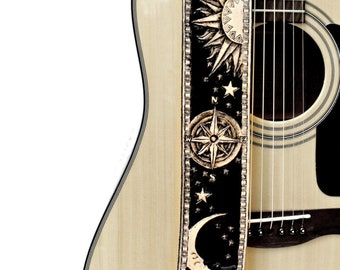 Tooled Southwestern Compass Rose, Moon, Sun Black Leather Guitar Strap - Electric Acoustic Guitar Straps - Two Toned Leather Guitarist Gifts