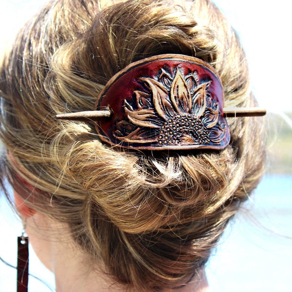 Tooled Sunflower Leather Hair Barrette - Leather Hair Slide with Sunflowers - Flower Hair Pin - Sunflower Hair Stick - Leather Barrette Clip