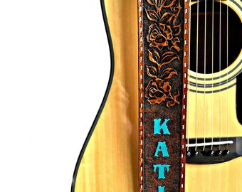 Personalized Western Roses  Adjustable Hand Tooled and Painted Leather Guitar Strap - 2.5" wide, For Acoustic or Electric Guitars