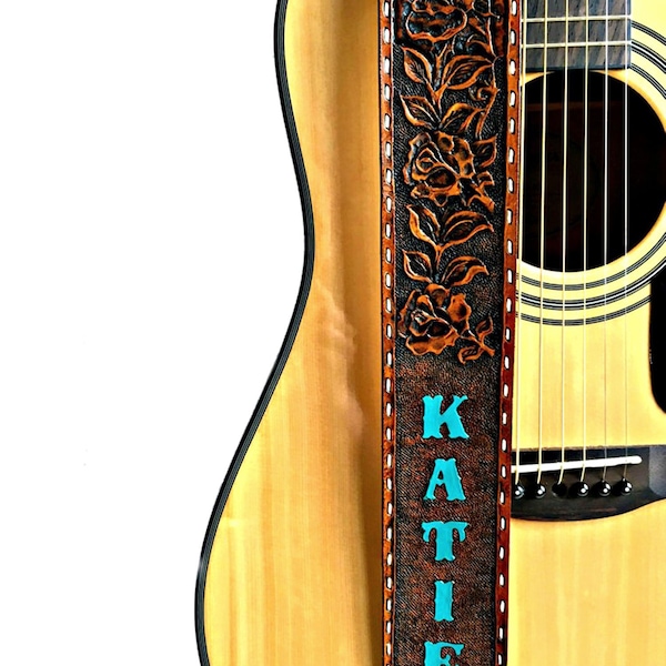 Personalized Western Roses  Adjustable Hand Tooled and Painted Leather Guitar Strap - 2.5" wide, For Acoustic or Electric Guitars