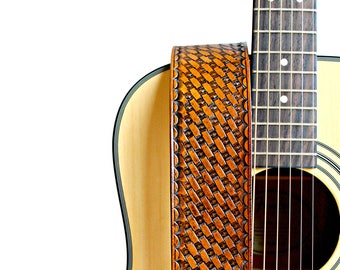 Hand Stamped Traditional Basket Weave Tan Leather Guitar Strap - Adjustable Guitar Straps - For Acoustic and Electric Guitars