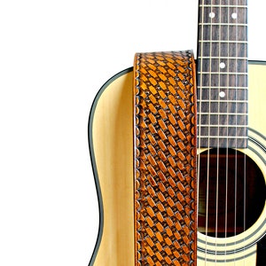 Hand Stamped Traditional Basket Weave Tan Leather Guitar Strap - Adjustable Guitar Straps - For Acoustic and Electric Guitars