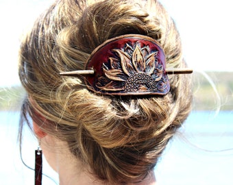 Tooled Sunflower Leather Hair Barrette - Leather Hair Slide with Sunflowers - Flower Hair Pin - Sunflower Hair Stick - Leather Barrette Clip