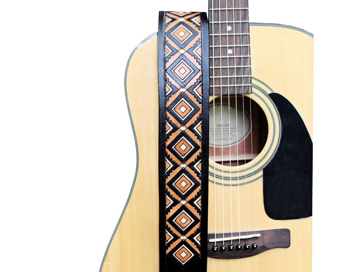 Full Grain Diamondback Pattern Leather Guitar Strap with Tooled Border | Western Leather Guitar Straps for Acoustic or Electric Guitars