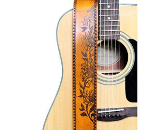 Engraved Sunflower Leather Guitar Strap with Tooled Border | Tan Floral Guitar Straps | Handmade Sunflower Gifts | Flower Strap