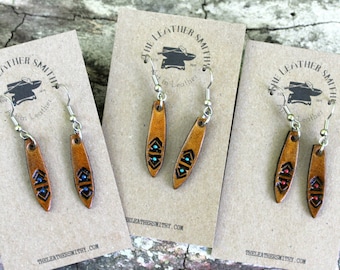 Hand Tooled Leather Dangle Earrings:  Teardrop Western Style