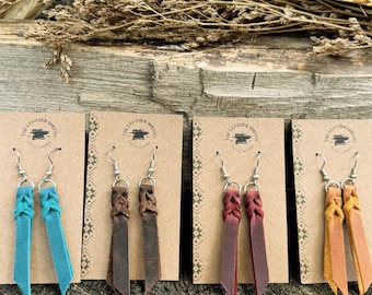 Western Knot Leather Earrings - Leather Dangle Earrings - Long Boho Leather Jewelry - Festival Jewelry